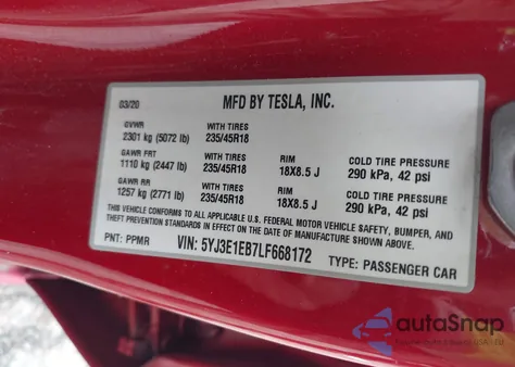 2020 Tesla Model 3 Long Range Dual Motor All-Wheel Drive from USA, damaged, VIN 5YJ3E1EB7LF668172